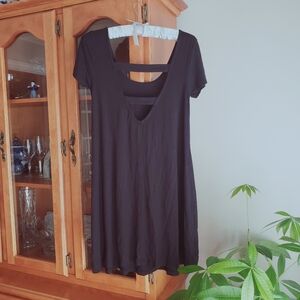 Black Tunic Flowy Cap Sleeve T-shirt Dress With Strappy Back